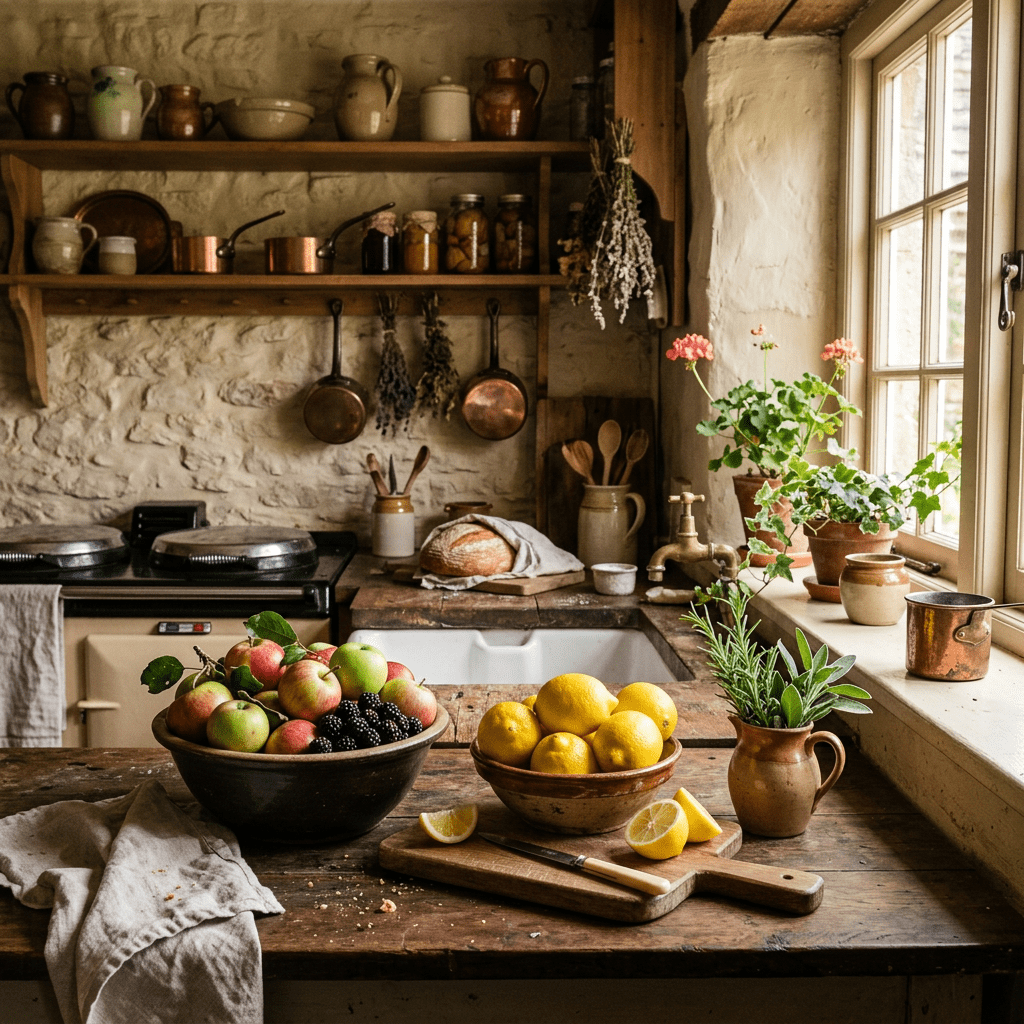 Rustic kitchen counter with bowls of apples, blackberries, lemons, herbs, bread, and kitchen tools